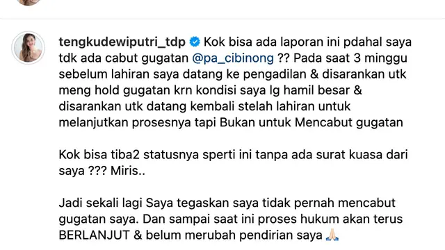 Unggahan Tengku Dewi. (Foto: Dok. Instagram @tengkudewiputri_tdp)