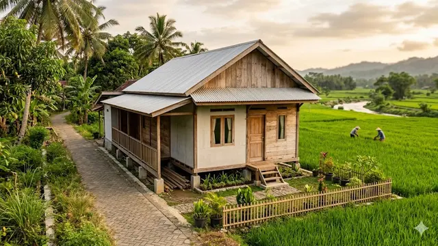 Contoh Rumah Sederhana di Desa Dekat Persawahan dan Jalan Desa
