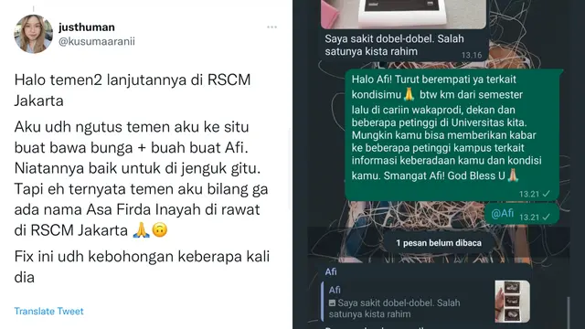 Viral Kabar Terbaru Afi Nihaya yang Mulanya Dikabarkan Sakit dan Dirawat (Sumber: Twitter @kusumaaranii)
