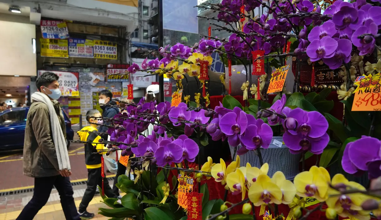 Pot anggrek untuk Tahun Baru Imlek dipajang untuk dijual di apotek untuk merayakan Tahun Baru Imlek di Hong Kong (14/1/2022). Penangguhan sementara penumpang transit berlaku pada 16 Januari 2022 - 15 Februari 2022. (AP Photo/Kin Cheung)