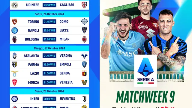 Jadwal Pertandingan Serie A Liga Italia 2024/25 Matchweek 9 di Vidio