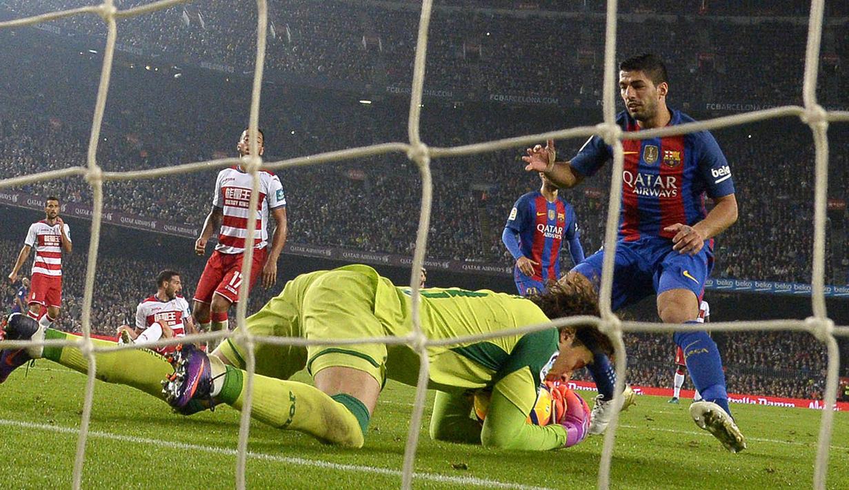 Striker Barcelona, Luis Suarez, berusaha membobol gawang Granada pada laga La Liga di Stadion Nou Camp, Spanyol, Sabtu (29/10/2016). Sayang dalam laga itu Suarez gagal mencetak gol. (AFP/Lluis Gene)