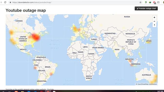 Peta laporan YouTube down via laman Downdetector. (Doc: Downdetector)