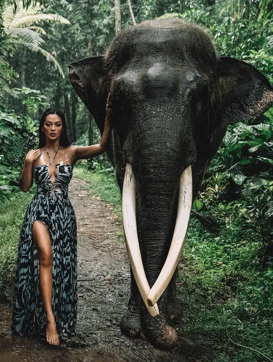 Sebagai model, sudah tidak asing lagi bagi Indah Kalalo untuk berfoto di berbagai kesempatan, termasuk berfoto bersama hewan. Berdiri dengan menawan di samping seekor gajah, Indah Kalalo mengenakan animal print dress dengan halter strap. (Instagram/indahkalalo)