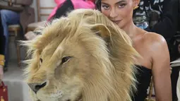 Bintang reality berusia  25 tahun Kylie Jenner duduk saat menghadiri koleksi Schiaparelli Haute Couture Spring-Summer 2023 di Paris, Senin, 23 Januari 2023. Boneka Kepala singa itu dijahit di bagian depan gaun beludru hitam berpelukan yang chic dengan desain strapless yang stylish. (AP Photo/Michel Euler)