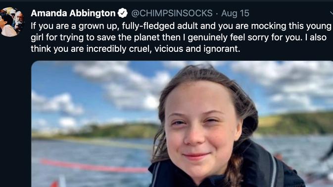 Amanda Abbington mencuitkan pembelaan pada Greta Thunberg melalui Twitter pada Kamis (15/8/2019).