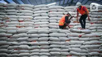 Dua pekerja mengecek beras milik Perum Bulog di kawasan Pulo Mas, Jakarta, Kamis (26/11/2020). Kementan kembali memastikan bahwa meski tengah dilanda pandemi Covid-19 pasokan beras hingga akhir tahun masih ada stok beras sebanyak 7,1 juta ton. (Liputan6.com/Faizal Fanani)