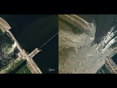 Kombinasi gambar selebaran SkySat oleh Planet Labs ini menunjukkan (kiri) gambar SkySat yang diambil pada 4 Juni 2023 yang dirilis pada 6 Juni 2023 menunjukkan bendungan HPP Kakhovka yang tidak rusak dan (kanan) gambar yang diambil pada 6 Juni 2023 memperlihatkan air yang mengalir melalui bendungan Kakhovka HPP yang rusak. (Handout / 2023 Planet Labs PBC / AFP)
