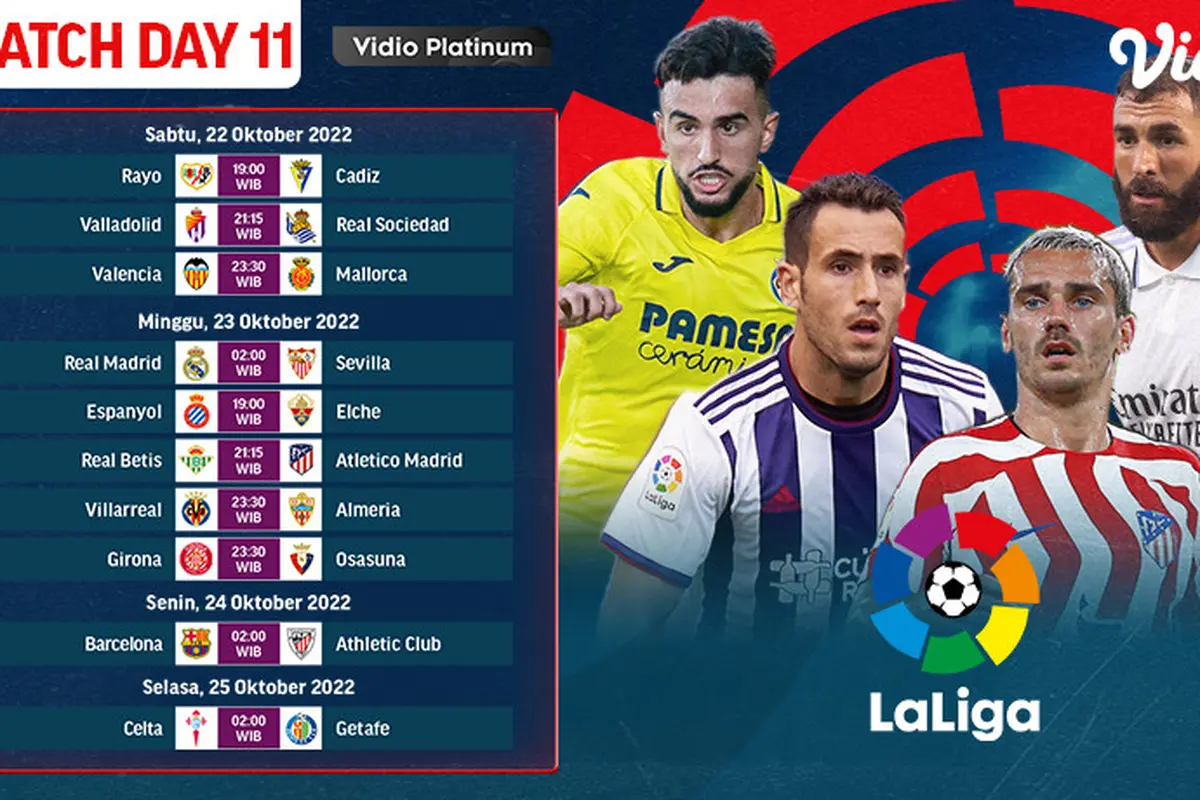 Dapatkan Link Live Streaming La Liga Spanyol 2022/23 Week 11 Live Vidio 22-25 Oktober : Ada 10 Laga Seru