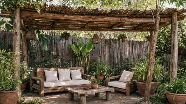 Inspirasi Area Duduk Outdoor di Halaman Belakang dengan Pergola dan Tanaman Hias (AI Generated)