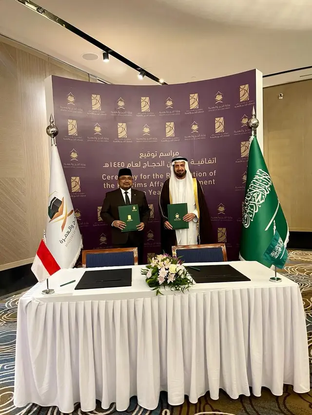 Menag RI Yaqut Cholil Qoumas bersama Menhaj Arab Saudi Tawfiq F Al-Rabiah