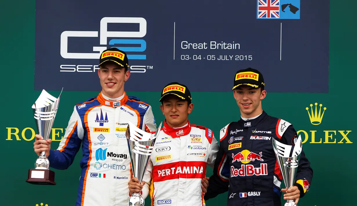 Pebalap Indonesia, Rio Haryanto, kembali meraih juara di Sprint Race GP2 Seri Inggris yang berlangsung di Sirkuit Silverstone, Inggris. Minggu (5/7/2015). (GP2 Media Service)