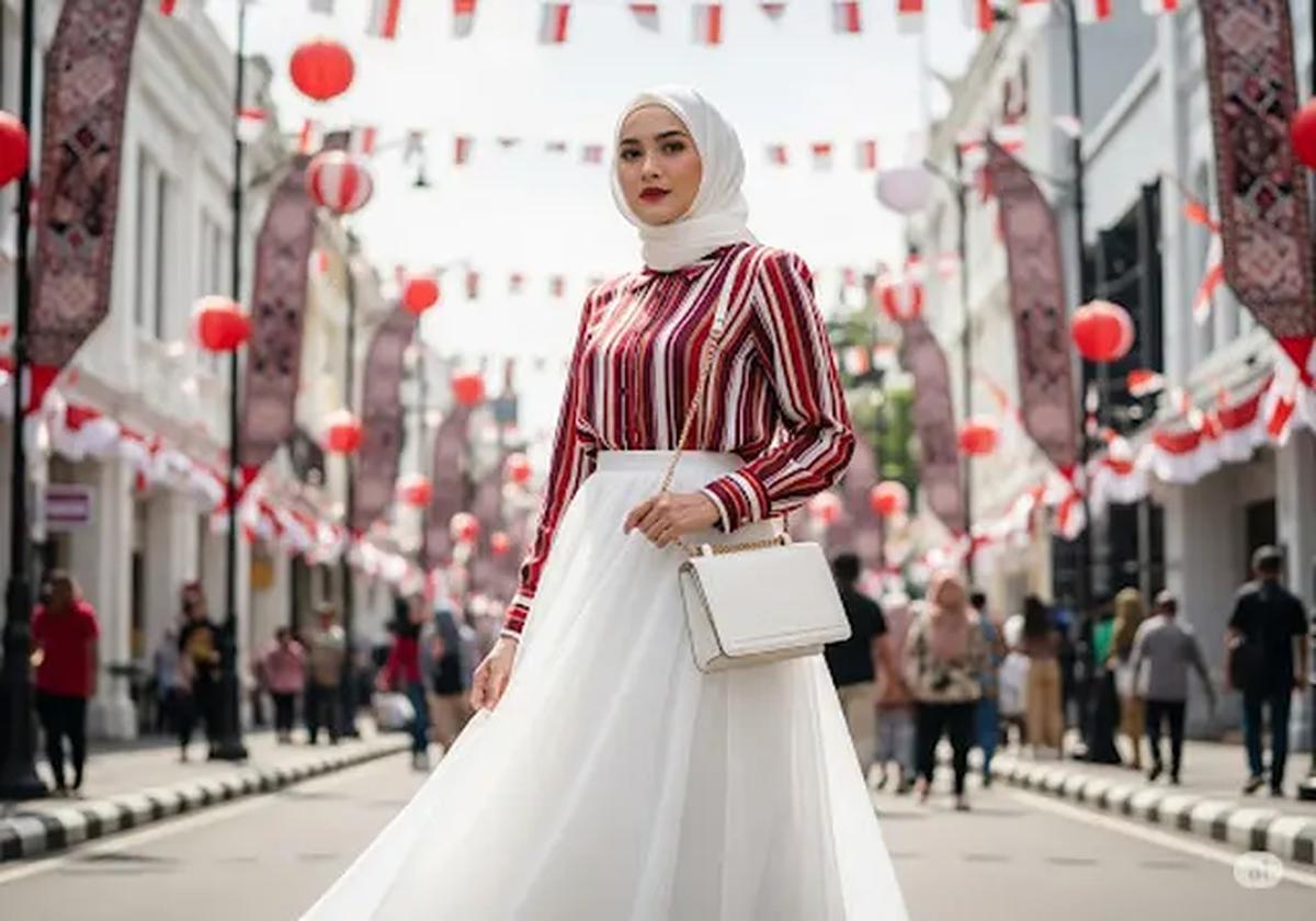 Blouse Stripe Merah Putih &amp; Rok Organza/Outfit untuk Rayakan 17 Agustus (Sumber: gemini.com)