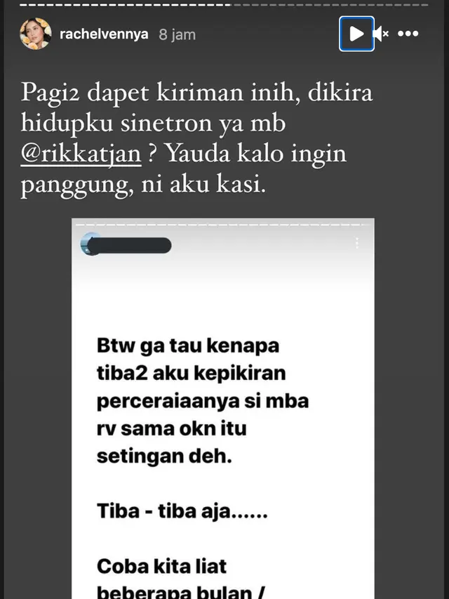 Unggahan Rachel Vennya. (Foto: Instagram @rachelvennya)