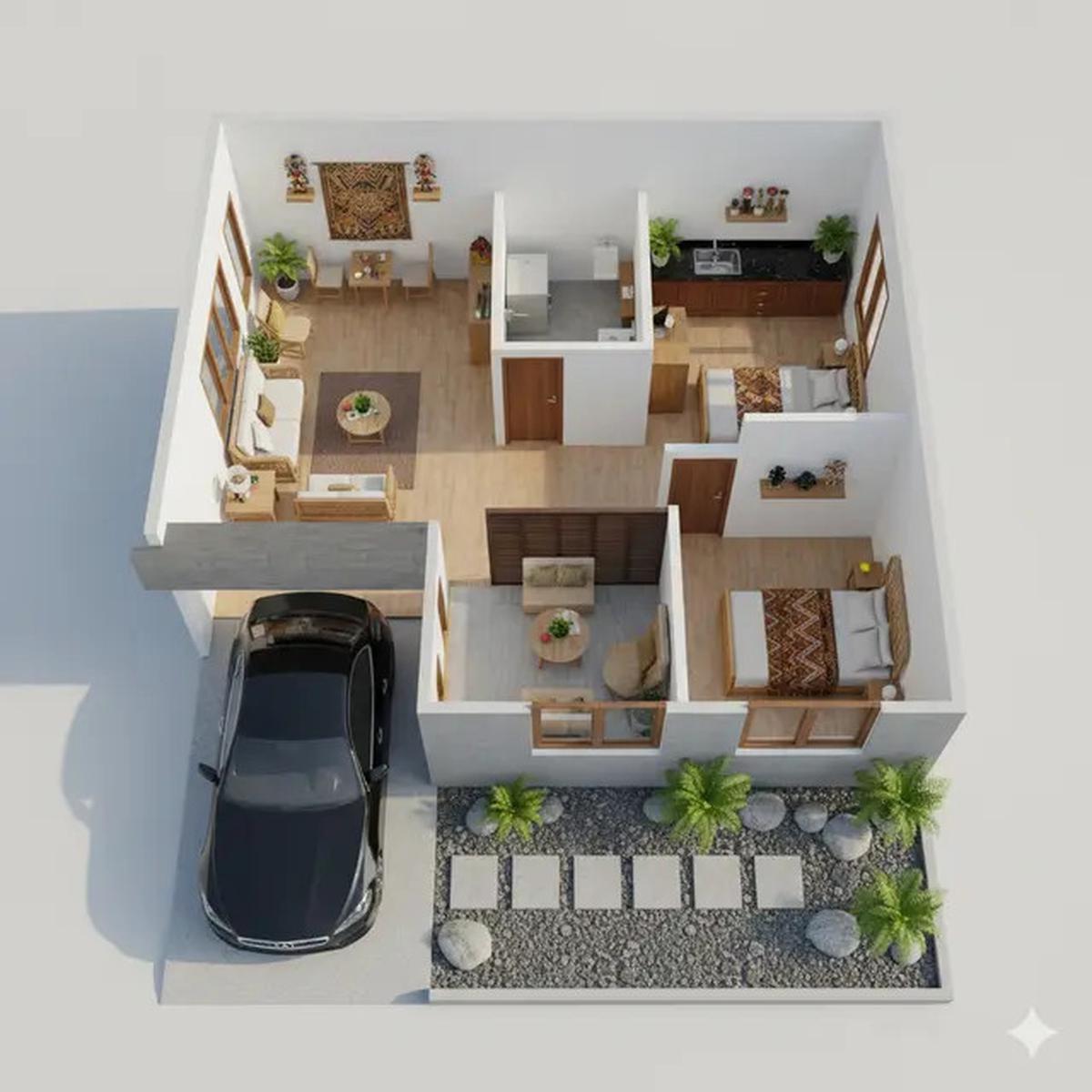 10 Denah Rumah Tipe 36 dengan Carport dan Taman Depan, Minimalis Modern