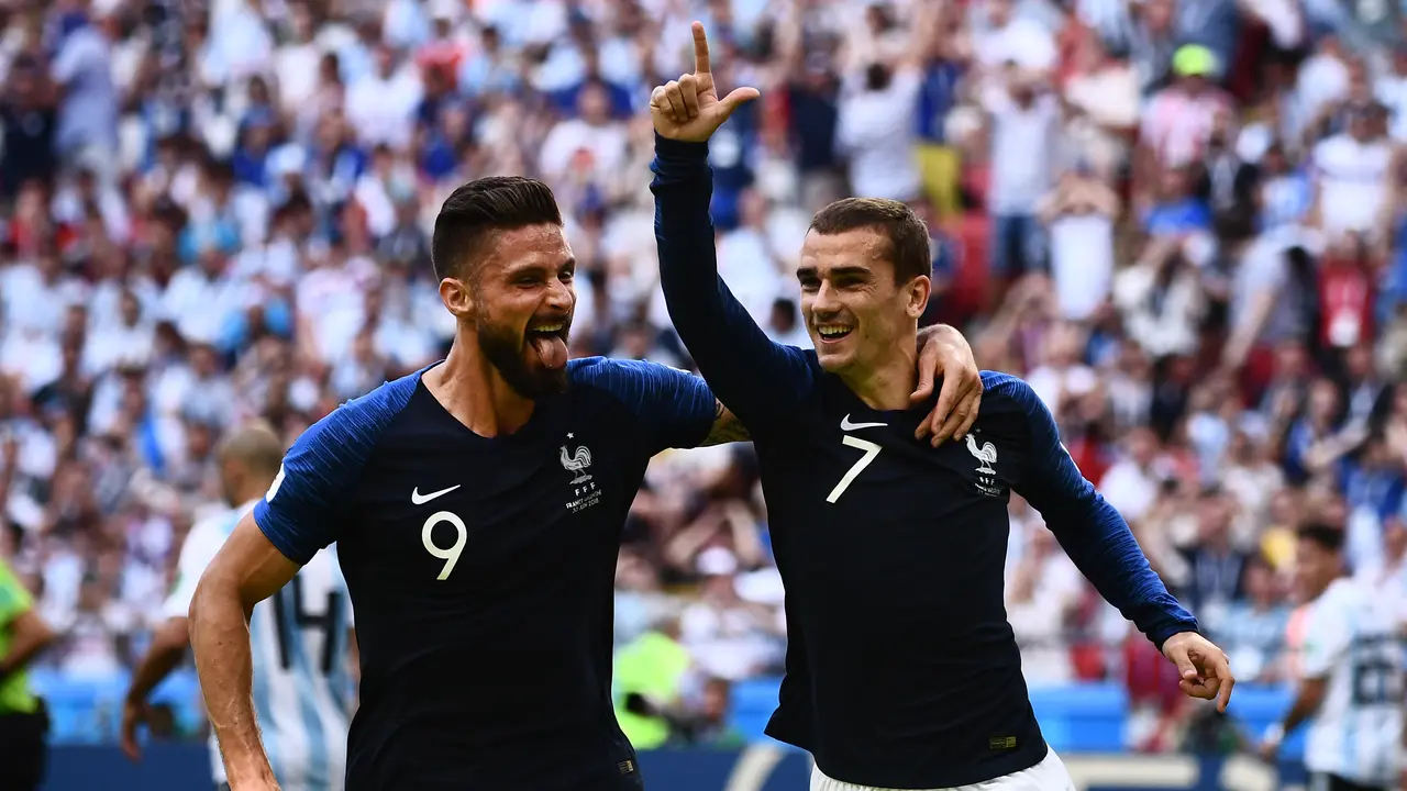 Selebrasi Antoine Griezmann saat Prancis bertemu Argentina di 16 besar Piala Dunia 2018
