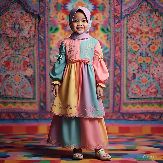 Contoh gamis untuk anak-anak model kombinasi bordir dan pita/Gambar Meta AI