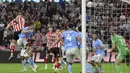 Pemain Sunderland, Daniel Ballard mencetak gol kemenangan timnya atas Convetry City dalam laga leg 2 babak semifinal play off Championship di Stadium of Light, Sunderland, Inggris, Selasa (13/05/2025) waktu setempat. (AP Photo/PA/Steve Welsh)