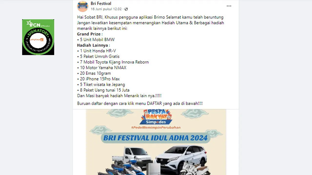 Tangkapan layar klaim program pendaftaran pembagian hadiah BRI Festival Iduladha 2024