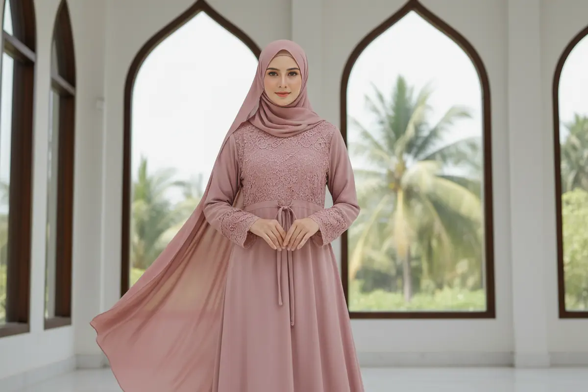 Wanita mengenakan abaya pink (Gemini AI)