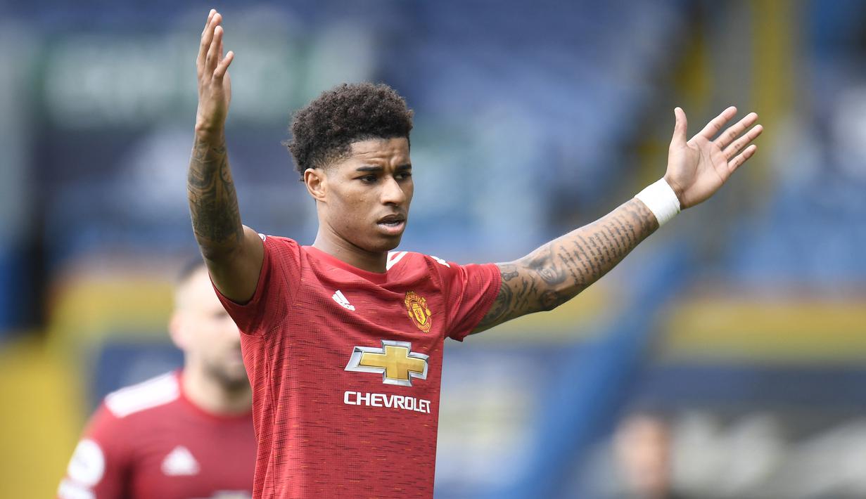 Marcus Rashford. Serupa dengan Greenwood, Marcus Rashford juga menjadi bagian Manchester United meraih posisi runner-up di Premier League. Striker berusia 21 tahun ini mampu mencetak 21 gol di semua ajang kompetisi. Nilainya mencapai 159,1 juta euro dan ada di posisi ketiga. (AFP/Peter Powell/Pool)