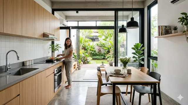 Rumah Mungil Type 45 dengan Dapur Terbuka Menyatu Ruang Makan (Foto: Gemini AI)