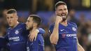 Striker Chelsea, Olivier Giroud, melakukan selebrasi usai membobol gawang Slavia Praha pada laga leg kedua perempat final Liga Europa di Stadion Stamford Bridge, Kamis (18/4/2019). Chelsea menang 4-3 atas Slavia Praha. (AP/Matt Dunham)