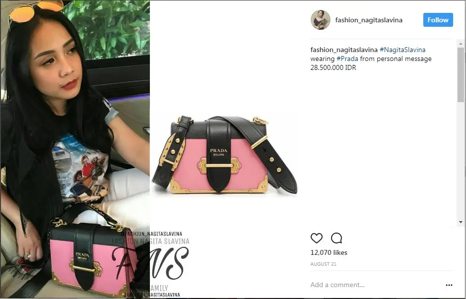 Nagita Slavina pilih tas merek Prada seharga Rp 28 juta (Foto: Instagram)