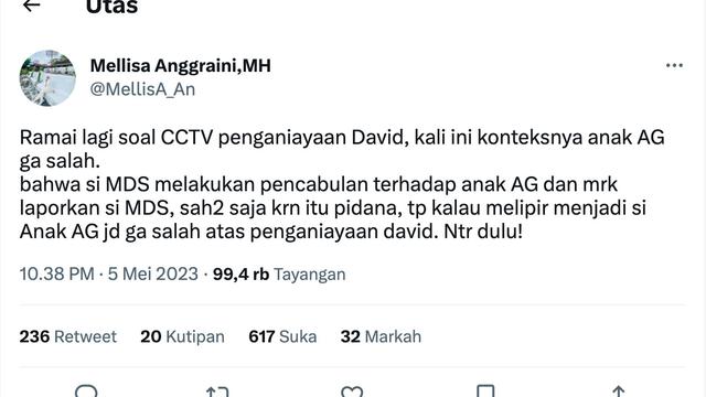 Cuitan pengacara David Ozora, Mellisa Anggraini. (Foto: Dok. Twitter @MellisA_An)