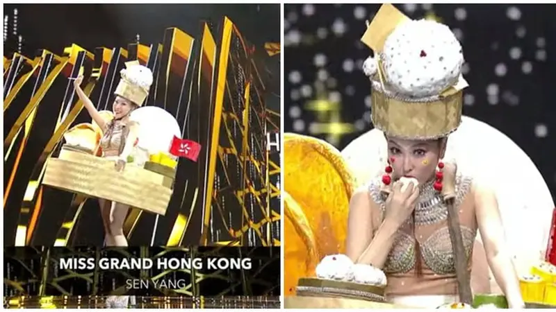 Pakai Kostum Bertema Dim Sum, Miss Grand Hongkong Lakukan Mukbang di Atas Panggung