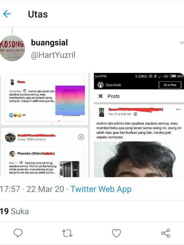 Unggahan pelaku yang menyebut Kaesang Pangarep terlibat penipuan jual beli sepatu online. (Foto: Dok. Twitter.)