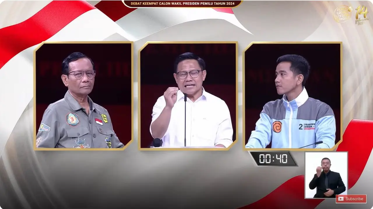 Ketiga Calon Wakil Presiden (Cawapres) yaitu Muhaimin Iskandar, Gibran Rakabuming Raka, dan Mahfud Md saat debat cawapres Pilpres 2024 yang digelar di JCC Senayan, Jakarta, Minggu (21/1/2024).