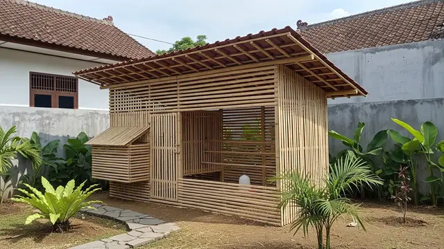 Kandang Bambu Semi Terbuka dengan Atap Tinggi