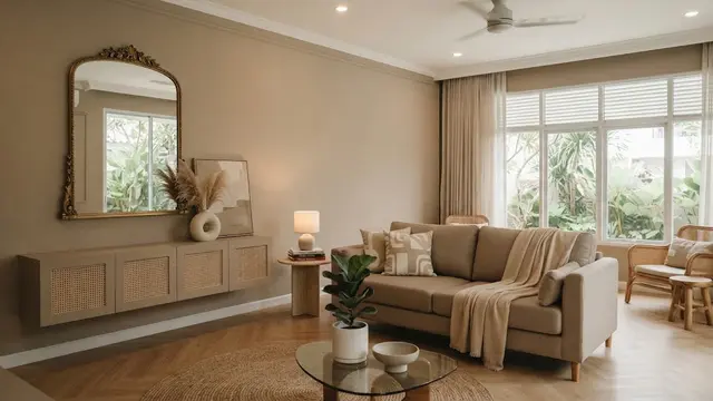 Cara membuat ruangan satu warna terasa elegan yang desainnya timeless model menggunakan cermin dan dekorasi secukupnya