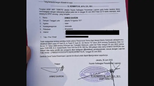 Wakil Ketua Komisi III DPR RI yang juga Bendahara Umum Partai NasDem Ahmad Sahroni melaporkan akun Instagram @foodstreat_sonatopastower.
