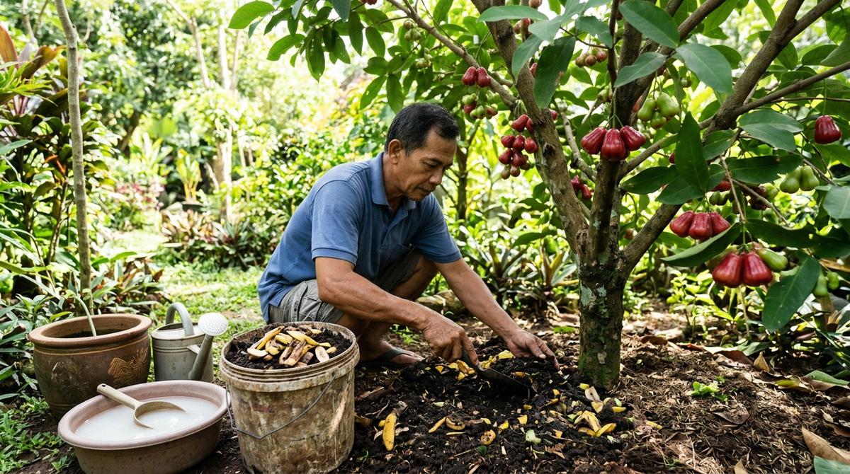 Pupuk Rumahan untuk Membantu Pohon Jambu Air Cepat Berbuah (AI Generated)