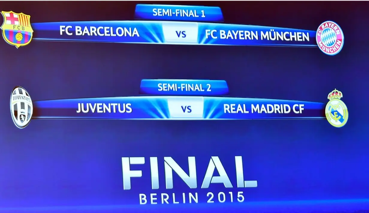 Monitor menunjukkan gambar hasil drawing babak semifinal Liga Champions. (AFP)