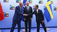 Presiden Turki Recep Tayyip Erdogan dan Perdana Menteri Swedia Ulf Kristersson berjabat tangan disaksikan Sekretaris Jenderal NATO Jens Stoltenberg pada Senin (10/7/2023), di Vilnius, Lithuania. (Dok. AP/Yves Herman)