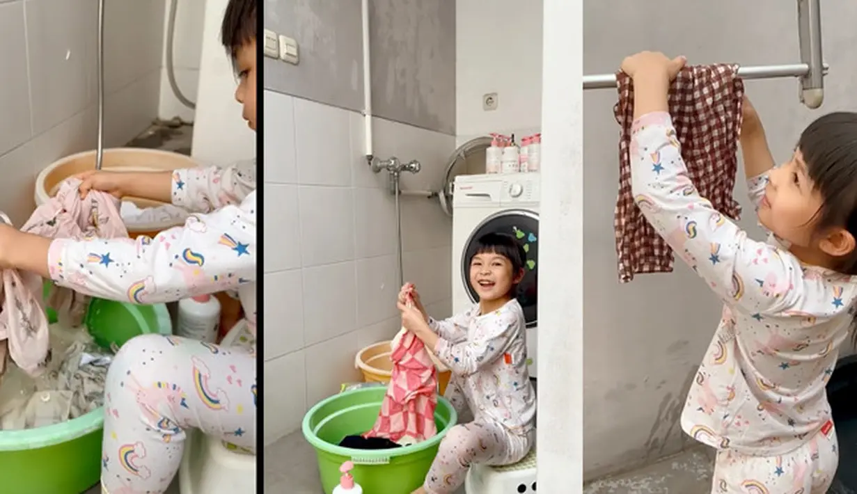 Mengajarkan anak sejak kecil, Glenn Alinskie mengajarkan putrinya untuk mencuci baju sendiri. Suami Chelsea Olivia itu mengaku dirinya sejak kecil disuruh cuci baju dan sepatu sendiri meski ada ART. [Instagram/glennalinskie]