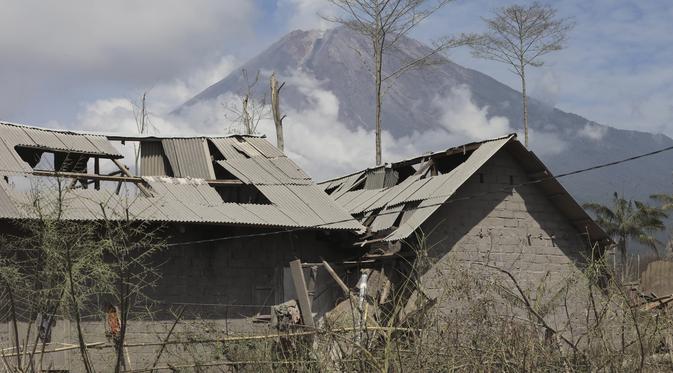 Gunung Semeru menjulang di atas rumah-rumah yang rusak akibat letusannya pada Sabtu, di Lumajang, Jawa Timur, Rabu (8/12/2021). Berdasarkan laporan BNPB, jumlah korban meninggal hingga Rabu pukul 10.30 WIB hari ini berjumlah 41 orang dan 12 orang dalam proses pencarian. (AP Photo/Trisnadi)