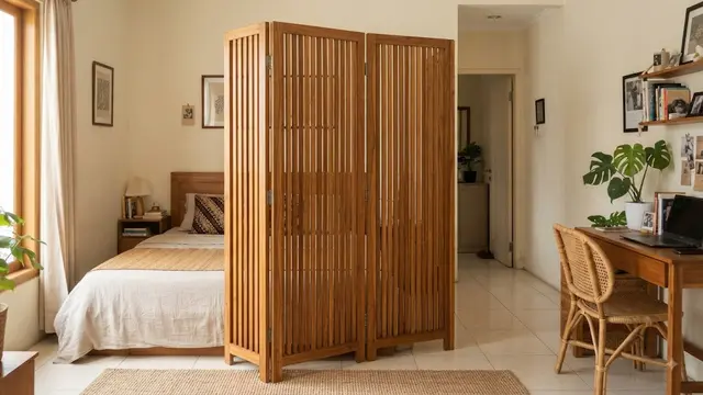 Ide pembatas ruangan untuk rumah kecil menggunakan sketsel berbagai motif unik model kayu garis vertikal untuk ruang kamar
