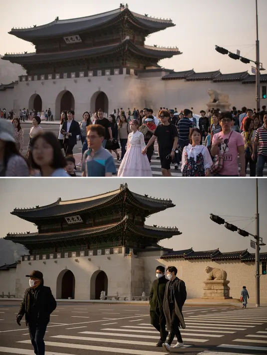 Pejalan kaki menyeberang jalan di luar Istana Gyeongbokgung di Seoul pada 3 Mei 2017 (atas) dan pada 6 Maret 2020. (Ed JONES/AFP)