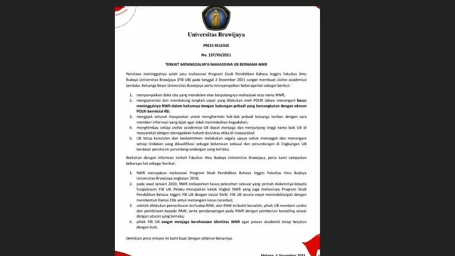 Keterangan pers yang dikeluarkan UB terkait kasus Novia Widyasari (Istimewa).