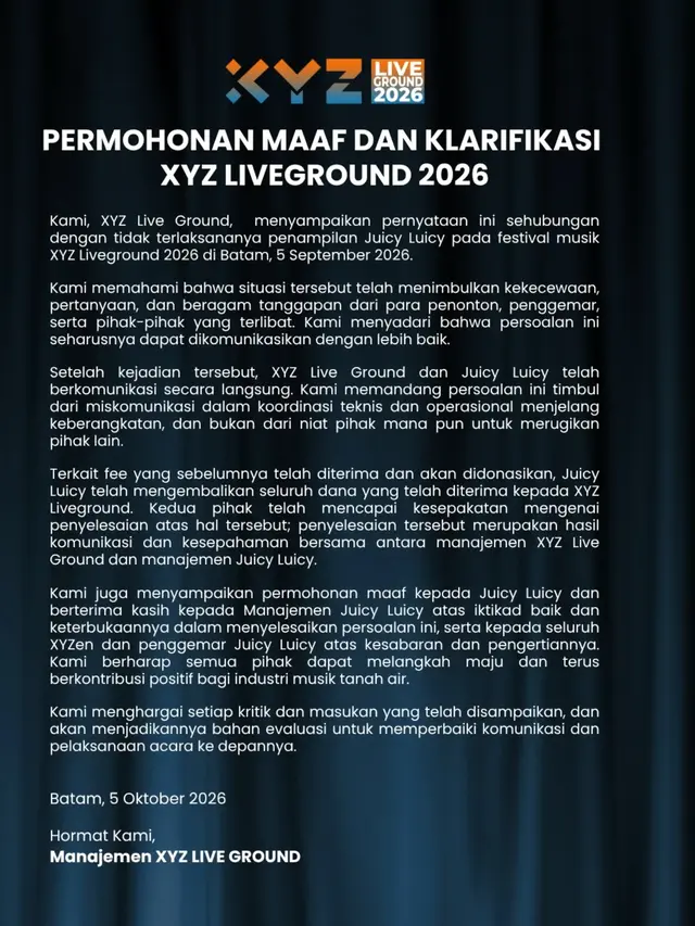 Pernyataan Resmi XYZ Liveground (Instagram.com/xyzliveground)