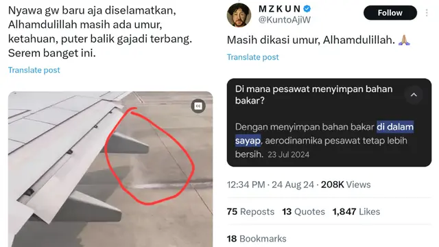 Pesawat yang ditumpangi Kunto Aji