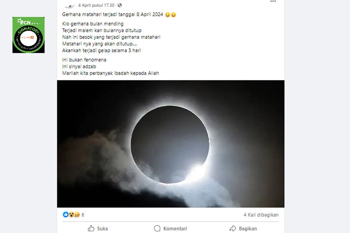 Tangkapan layar klaim terjadi gelap 3 hari akibat gerhana matahari 8 April 2024