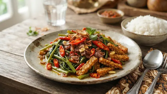 Tumis Tempe Kangkung Terasi Pedas