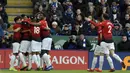 Para pemain Manchester United merayakan gol yang dicetak oleh Marcus Rashford ke gawang Leicester City pada laga Premier League di Stadion King Power, Minggu (3/2). Manchester United menang 1-0 atas Leicester City. (AP/Rui Vieira)