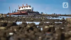 Warga memancing di atas sebuah kapal karam di pesisir Kali Adem, Muara Angke, Jakarta, Minggu (27/12/2020). Sebuah kapal yang telah karam selama bertahun-tahun tersebut dimanfaatkan oleh warga sebagai tempat memancing meskipun berisiko membahayakan keselamatan. (merdeka.com/Iqbal Nugroho)