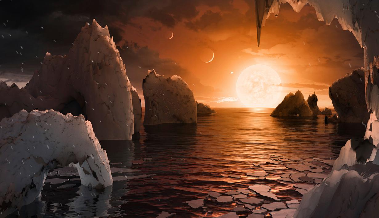 Ilustrasi yang menggambarkan Sistem Trappist-1 yang dibuat oleh NASA, Washington, AS, Rabu (22/2). Sekalipun saat ini planet-planet itu tidak dihuni kehidupan, tapi kehidupan masih bisa berkembang di sana. (AP Photo/ NASA / JPL-Caltech)